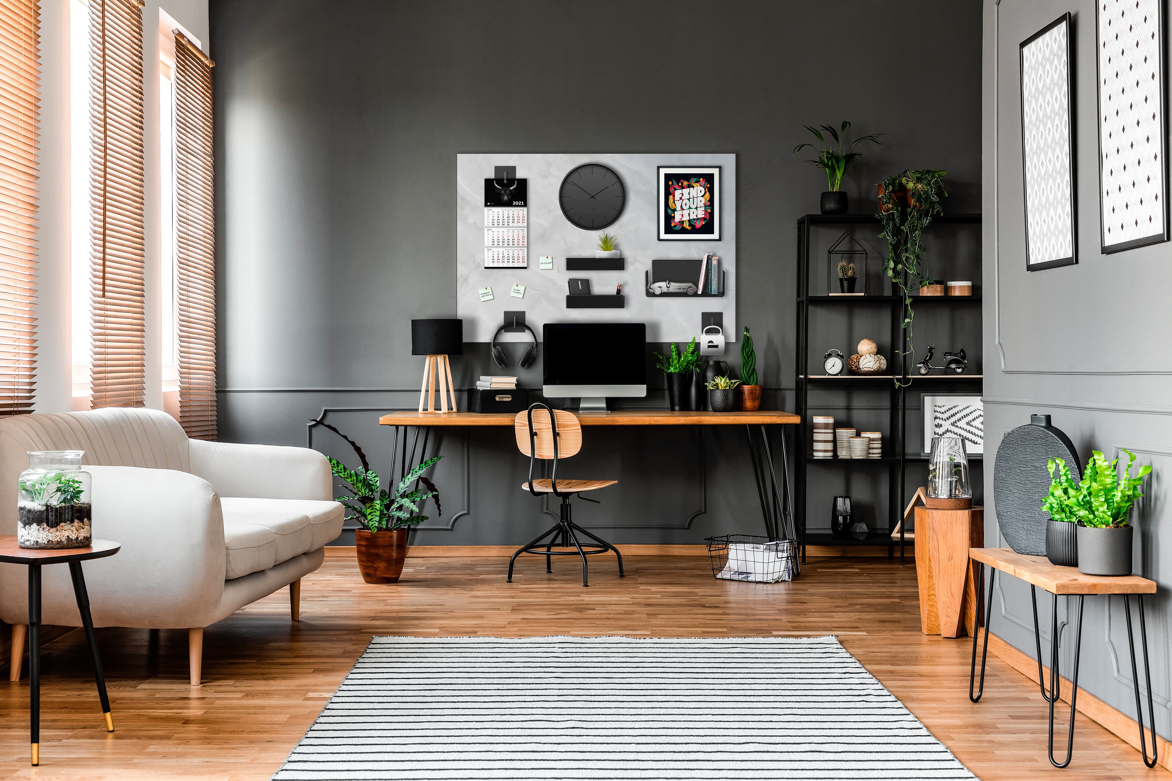 A modern coworking space with premium acoustic treatment wall art